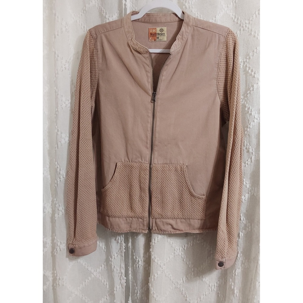 Ruff Hewn Womens Medium Blush Tan Mesh Knit Sleeve Full Zip Bomber Jacket